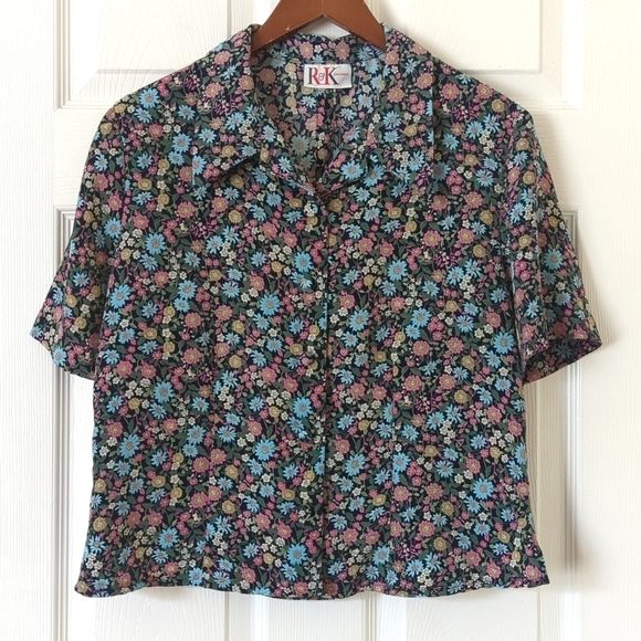 R&K Originals 90's Vintage Floral Short Sleeve Button Down Slit Back Blouse M - Picture 1 of 12